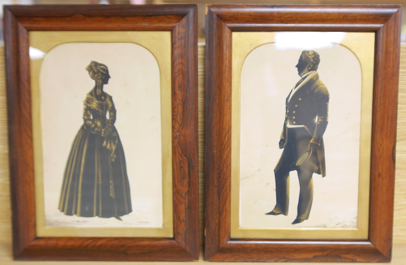 Henry Albert Frith (1819-1871), pair of silhouettes, Full length studies of a lady and gentleman, one signed and dated 1847, each 28 x 18cm, housed in rosewood frames. Condition - fair